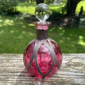 SOLD - ANTIQUE ART NOUVEAU *RARE* CRANBERRY GLASS BOTTLE STERLING SILVER OVERLAY